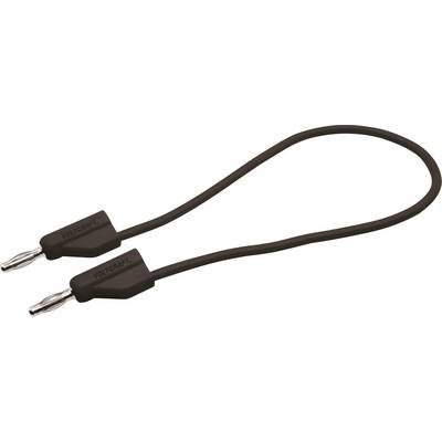 Egy fekete banándugós kábel két dugóval, amelyeken a 'Voltcraft' felirat szerepel. Elektromos csatlakoztatásokhoz használható.