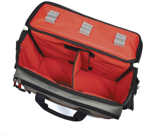 Felülnézetből nyitott piros szerszámostáska, több rekesszel és belső szürke tépőzáras rekeszekkel.