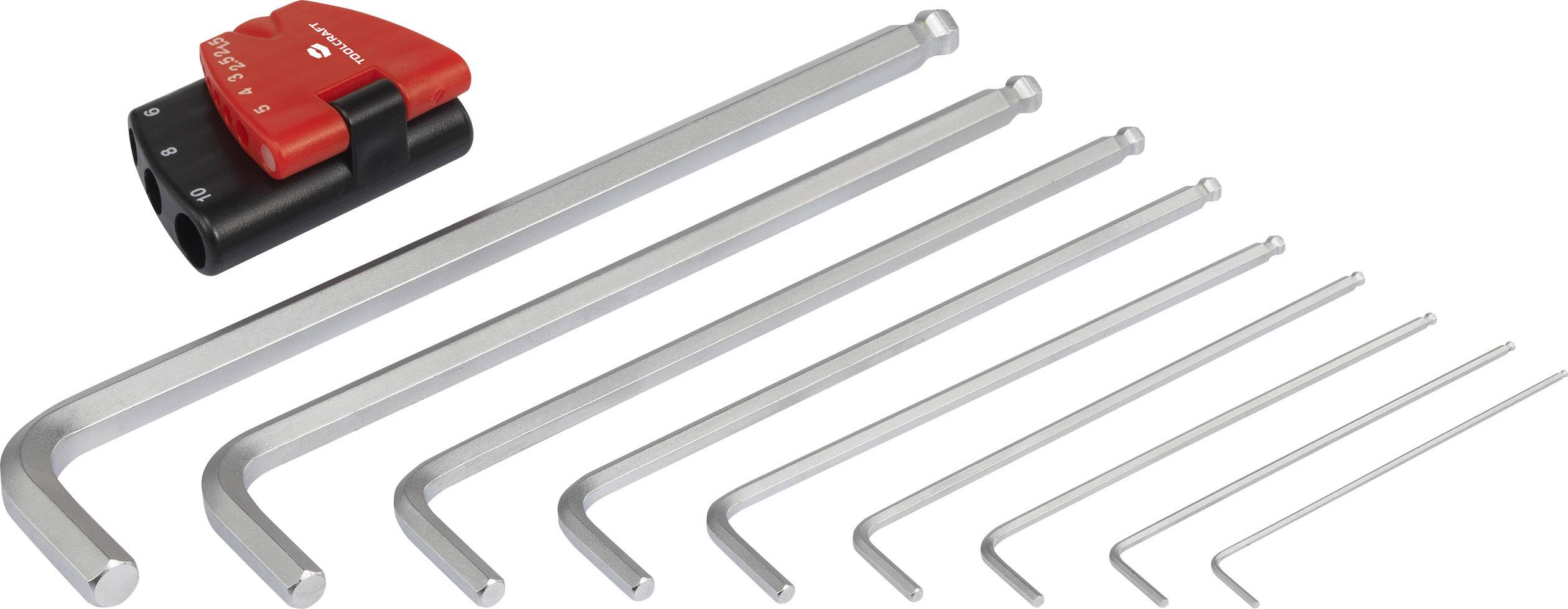 Kilenc ezüstszínű imbuszkulcs különböző méretekben, egy piros és fekete tartóval elrendezve.