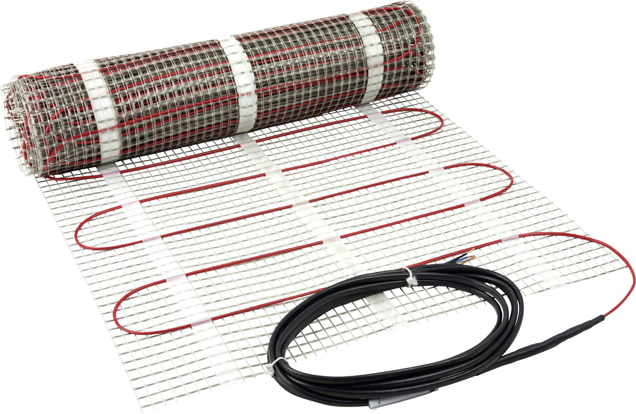 Elektromos padlófűtés egy kitekercselt hálózat formájában vörös fűtőkábelekkel és egy fekete csatlakozókábellel.