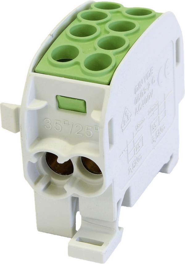 <br>  HoraeTec<br>  080210-2-3<br>  Fővezeték elágaztató kapocs<br>  <br>  Sárgaréz, PA<br>  Élénk szürke (RAL 7035), Zöld, Sárga<br>  1 pólusú<br>  <br>  125 A<br>  <br>  690 V<br>  Vezeték típus = PE<br>