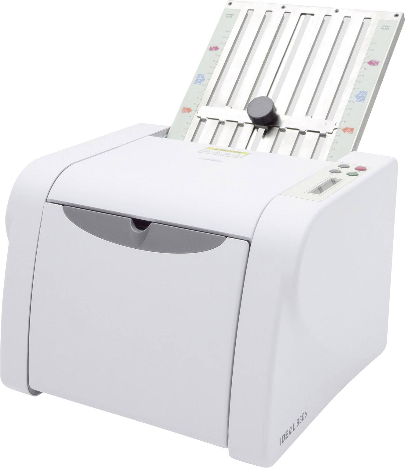 Egy fehér papírhajtogató gép több papíradagolóval és egy kerek csúszkás szabályzóval a tetején. Gombok a jobb oldalán.