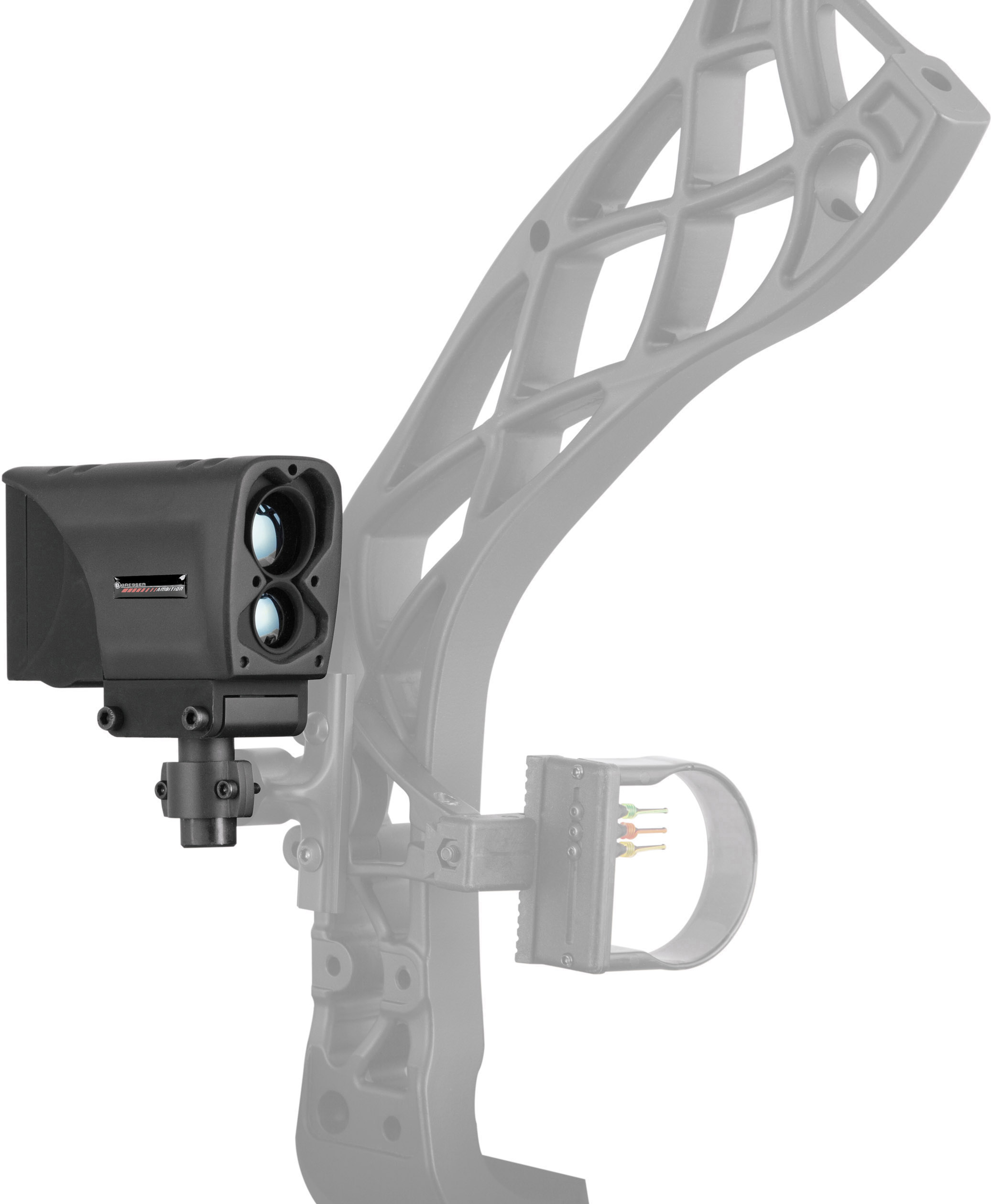 Nyíl és íjászati kiegészítők: Egy lézeres irányzék vagy távolságmérő egy modern, ergonomikus íjhoz van rögzítve.