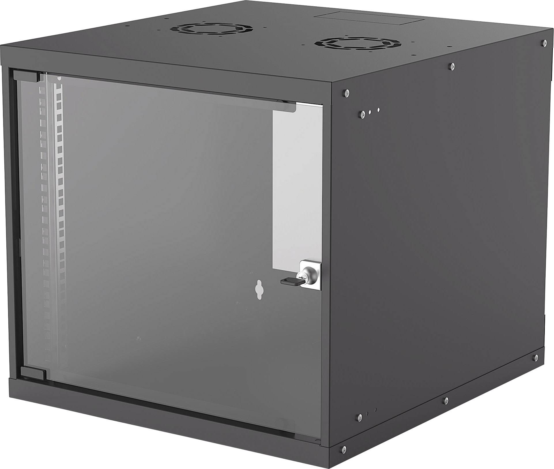 Fekete fali elosztószekrény átlátszó előlapüveggel, zárható ajtóval, informatikai eszközök elhelyezésére alkalmas.