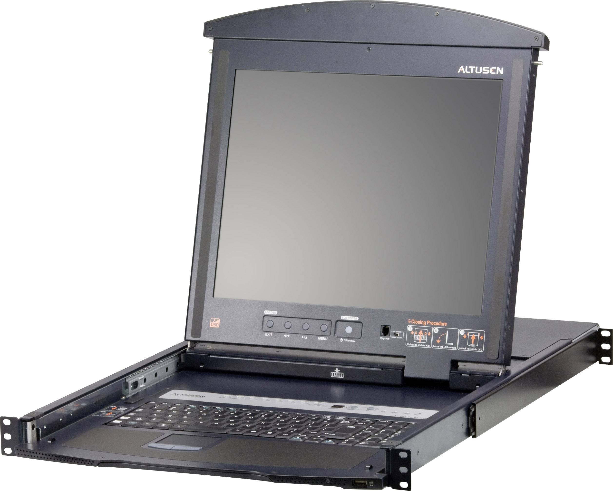 Egy nyitott szerver-rack monitor billentyűzettel és érintőpaddal. A képernyő felhajtva és üzemkész állapotban.