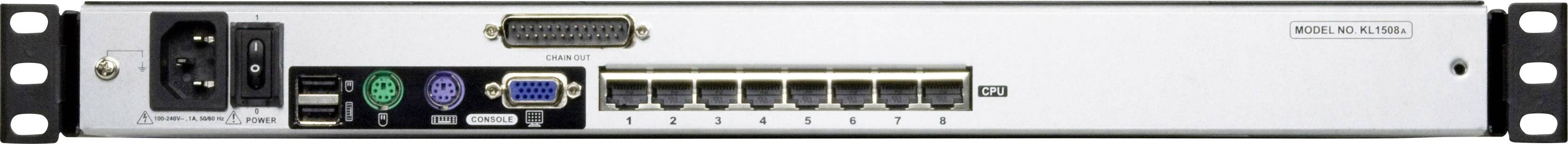 Egy technikai eszköz hátoldalának látványa, több csatlakozóval és csatlakozási ponttal, beleértve a VGA, PS/2, USB és hálózati portokat.