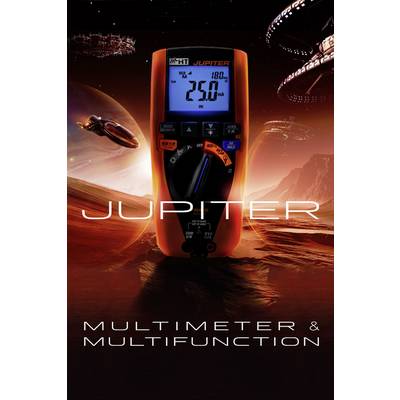Egy narancssárga multiméter, amelyen a 'JUPITER' felirat olvasható, egy futurisztikus, Mars-szerű háttér előtt, benneűrhajókkal.