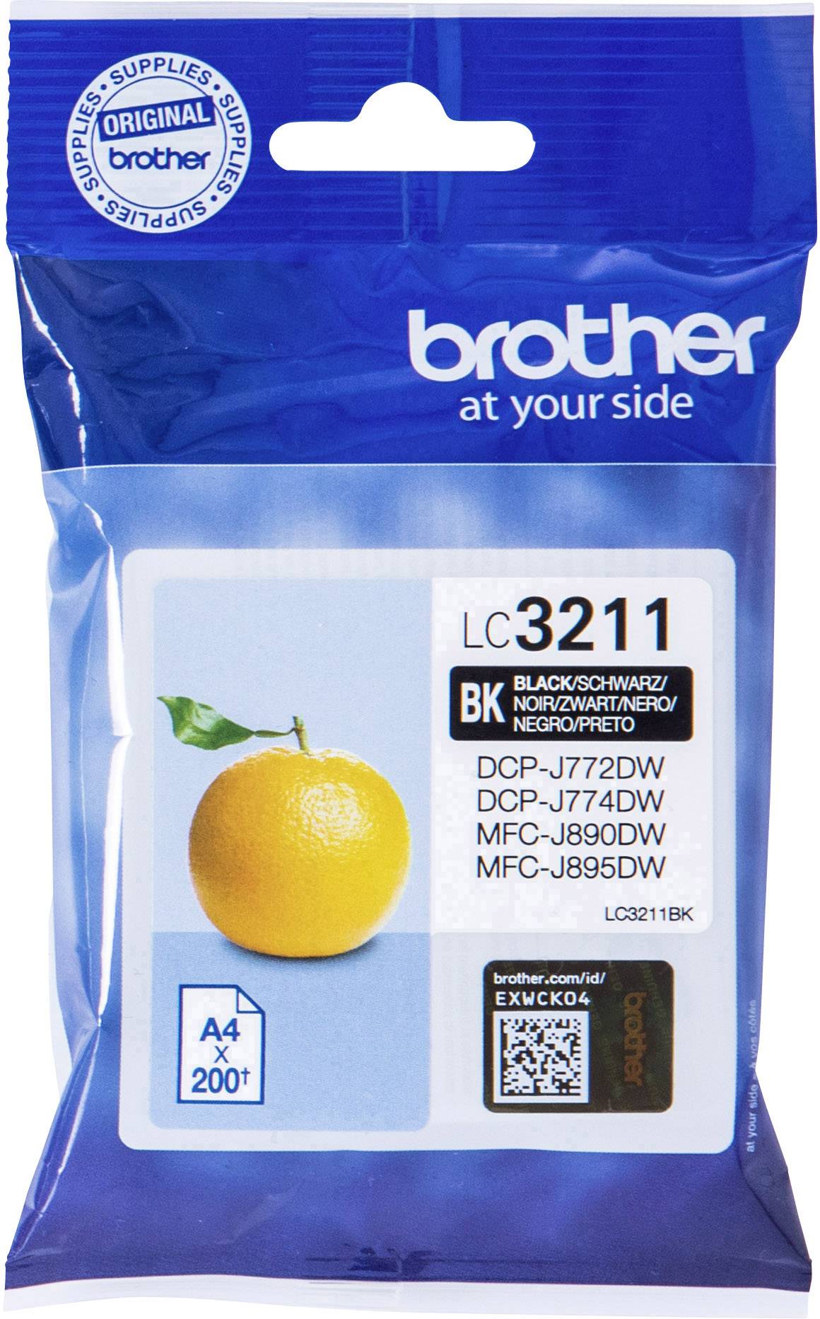 Brother LC3211BK nyomtatópatron csomagolás. Tartalmaz egy fekete tintapatront. Kompatibilis a következő modellekkel: DCP-J772DW, DCP-J774DW, MFC-J890DW, MFC-J895DW.