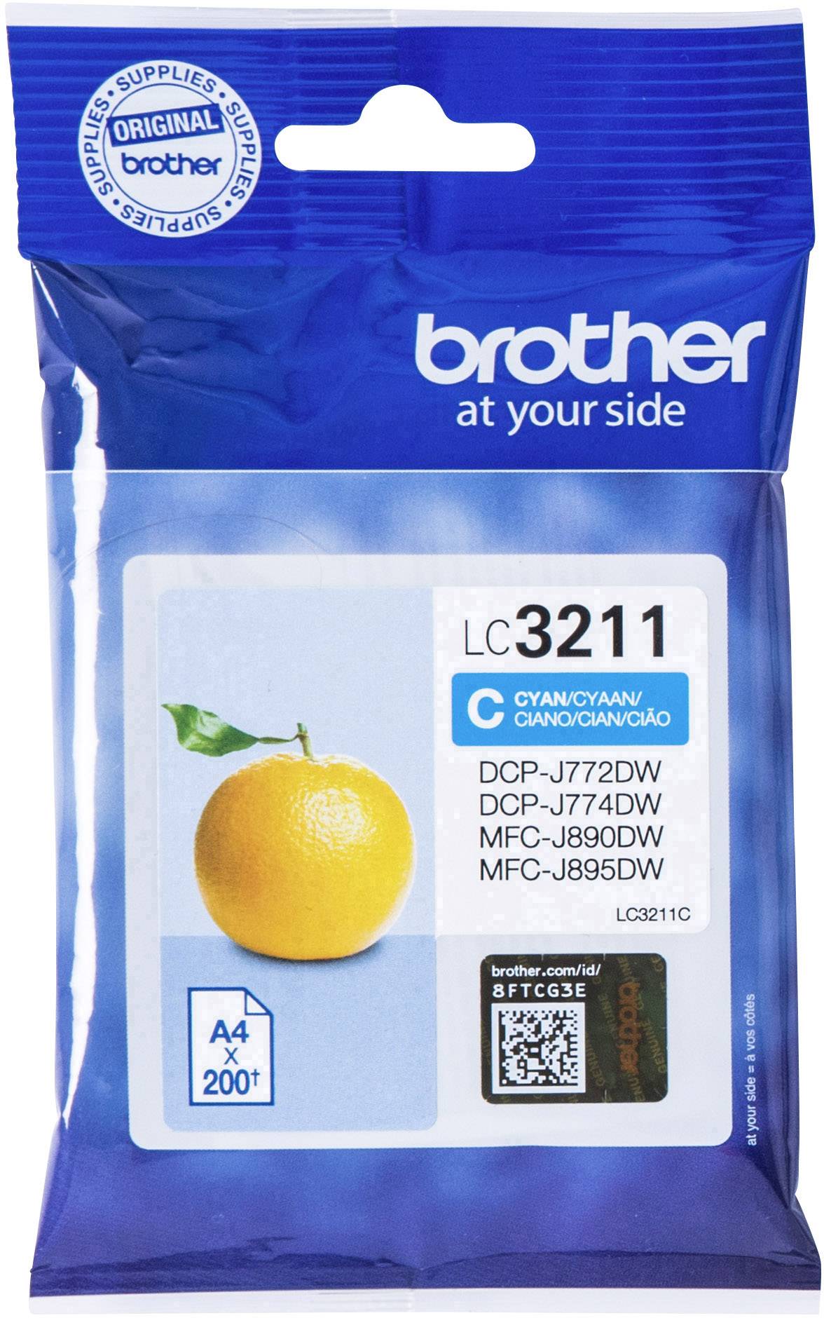 Egy kék Brother LC3211 tintapatron doboz, amelyen egy narancs képe látható. Kompatibilis a DCP-J772DW, J774DW, MFC-J890DW, J895DW modellekkel.