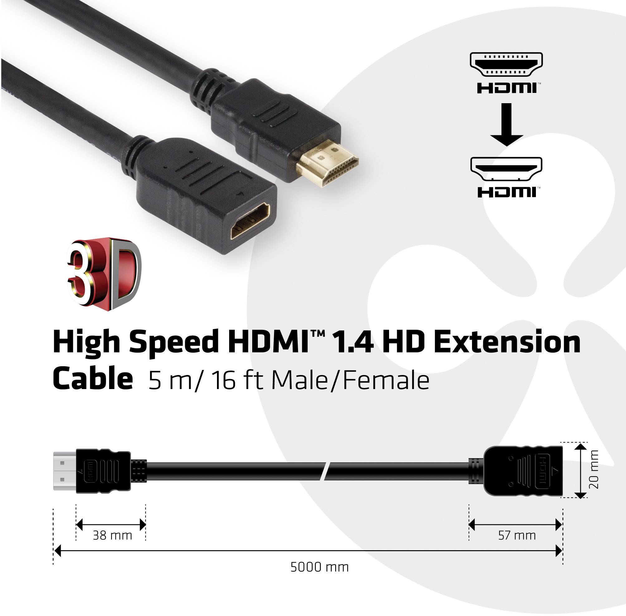 Nagysebességű HDMI 1.4 HD hosszabbító kábel, 5 m, férfi/női csatlakozóval, amely bemutatja a kábel csatlakozóit és méreteit.