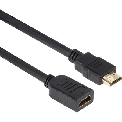 Fekete HDMI-kábel csatlakozóval és aljzattal, alkalmas audio- és videójelek továbbítására eszközök között.