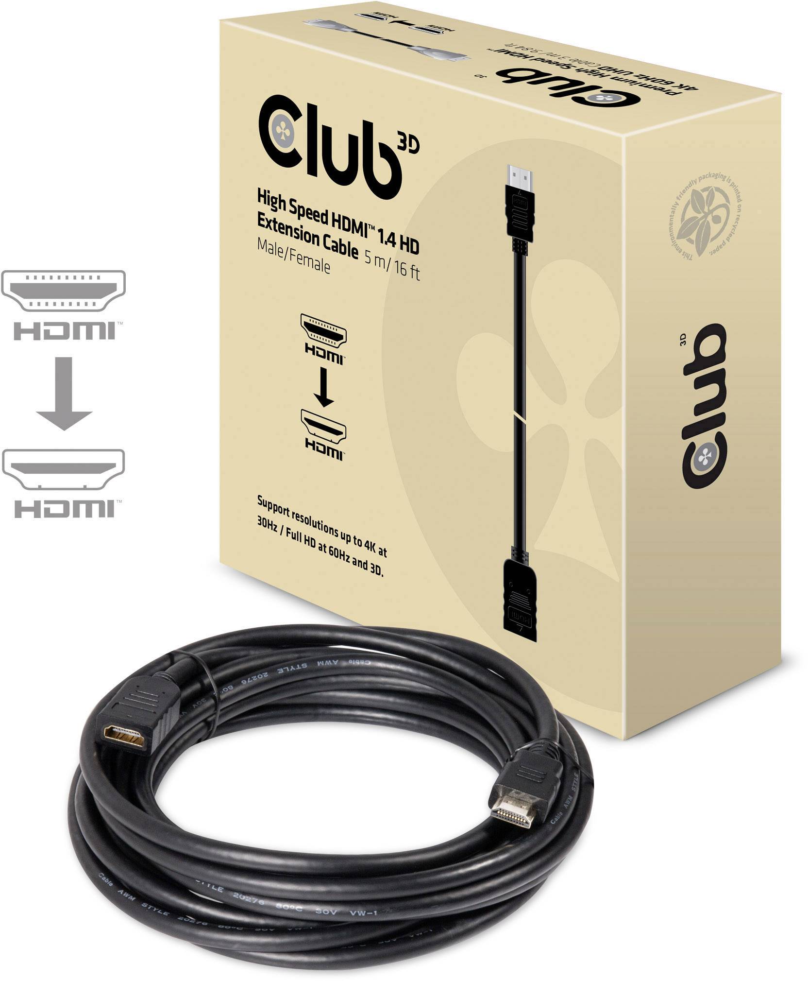 Club 3D High Speed HDMI 1.4 hosszabbító kábel, 5 m. A csomagolás a kábel és a csatlakozóaljzatok képét mutatja.