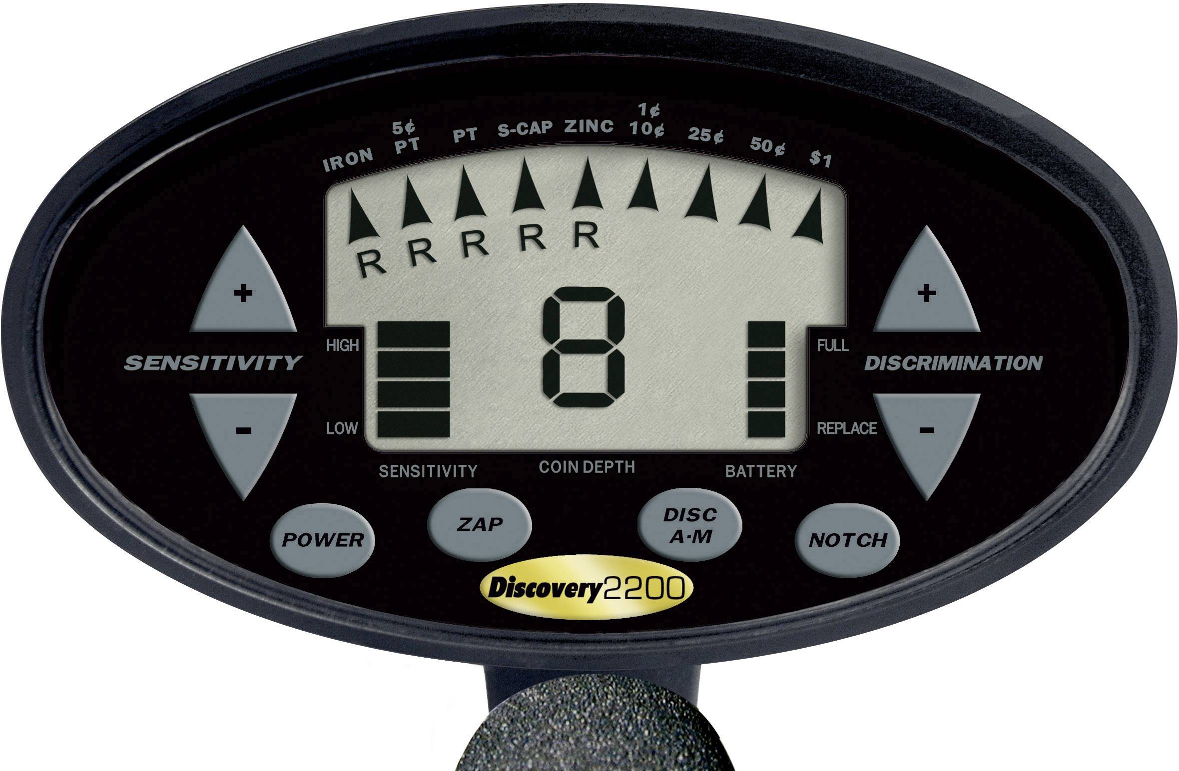 Egy fémkereső kijelzője, amelynek közepén a 8-as szám látható, körülvéve érzékenységi és diszkriminációs beállítási lehetőségekkel.