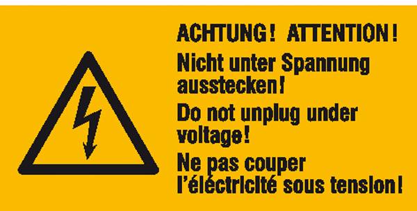 Figyelmeztető kombi tábla Feszültség alatt ne húzza ki Öntapadó fólia (Sz x Ma) 65 mm x 32 mm ISO 7010 SafetyMarking 30.0608 6 db