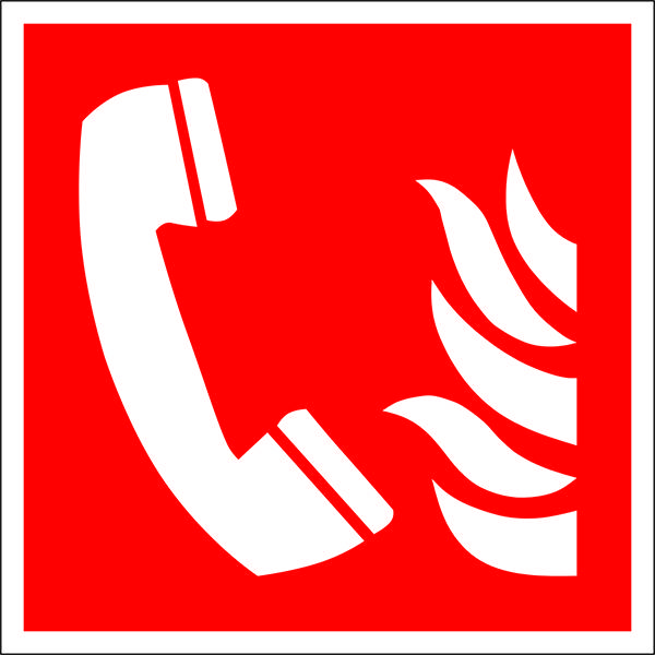 Egy piros szimbólum, amely egy telefon kagylót és lángokat ábrázol, és egy tűzjelző pontot vagy vészhelyzeti riasztási jelzést jelöl.