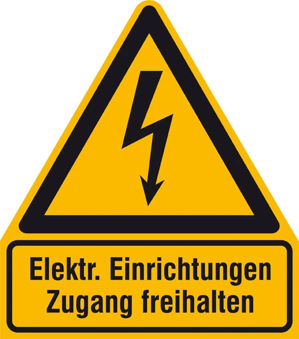 Figyelmeztető tábla villamos feszültség szimbólumával, fekete villámnyíl sárga háromszögben. Felirat alul: 'Elektromos berendezésekhez a bejáratot szabadon hagyni'.