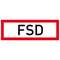 "FSD" fekete betűkkel, piros téglalapkeretben, fehér háttéren.
