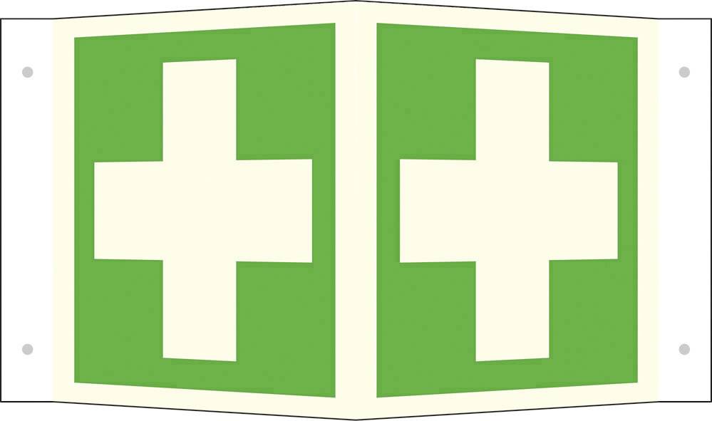 Zöld tábla fehér keresztekkel, amely egy elsősegély-láda helyét jelzi.