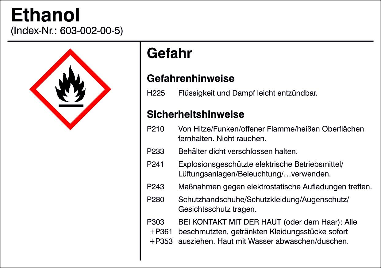 Az 'Etanol' egy lánggal jelzett veszélypiktogrammal ellátott anyag. A biztonsági és veszélyességi útmutatók ismertetik a tűzveszélyt és a védekezési módokat.