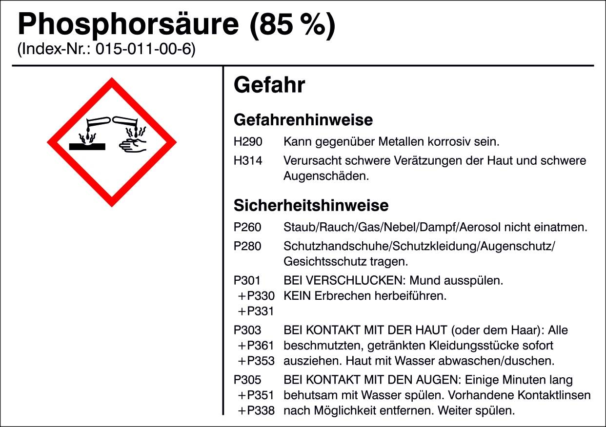 SafetyMarking 21.B1200.16 Veszélyes anyag etikett G016 Foszforsav (85%) Öntapadó fólia (Sz x Ma) 105 mm x 74 mm 1 db