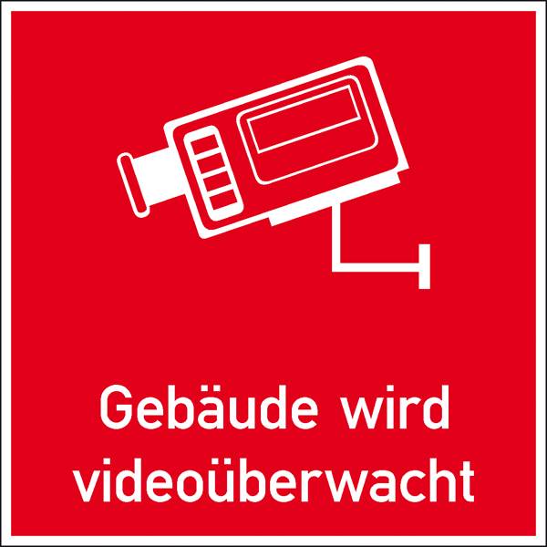 Épület videókamerával megfigyelt terület.<br><br>Piros háttér, fehér felirat, kameraszimbólummal.