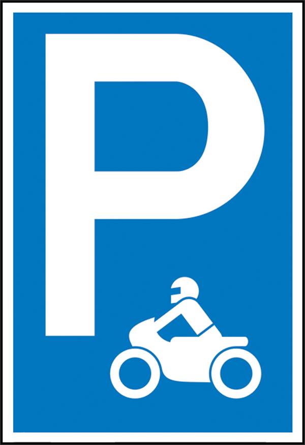 Parkolóhelyet jelző közlekedési tábla kék háttérrel, nagy 'P' betűvel és alatta egy motorkerékpár szimbólumával.