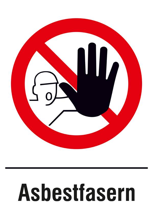 Veszélyt jelző tábla piros körben, áthúzott kézzel. Felirat: 'Azbeszt rostok'. A védősisakot viselő figura óvatosságra int.