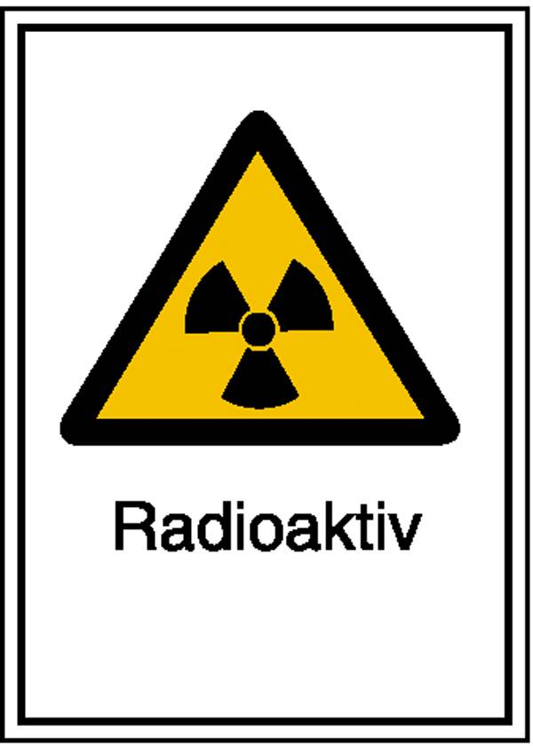 Sárga figyelmeztető tábla fekete sugárvédelmi szimbólummal és a 'Radioaktív' felirattal.