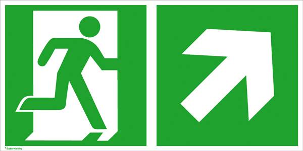 Vészkijárati tábla futó figurával jobbra és felfelé jobbra mutató nyíllal, amely a menekülési útvonalat jelöli.