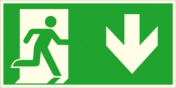 Vészkijárat tábla, amelyen egy figura fut ki egy ajtón, és egy lefelé mutató nyíl jelzi a menekülési útirányt.