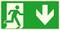 Vészkijárat tábla, amelyen egy figura fut ki egy ajtón, és egy lefelé mutató nyíl jelzi a menekülési útirányt.