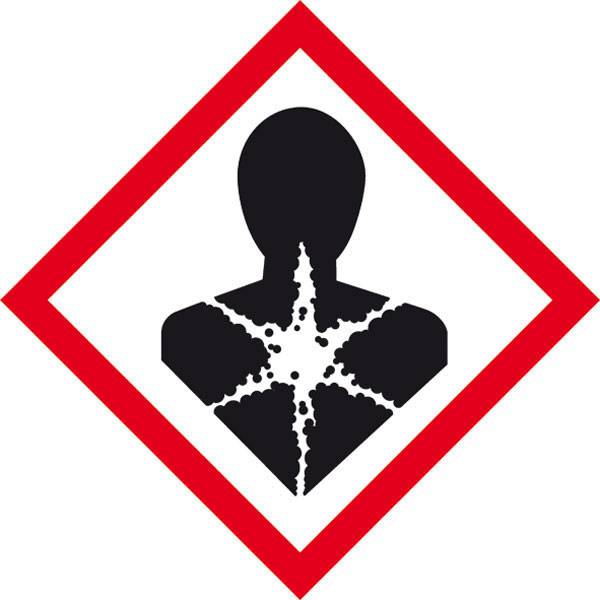 Figyelem, veszély: egészségügyi kockázat - tábla fekete sziluettel és csillaggal a mellkason, piros gyémánt keretben.