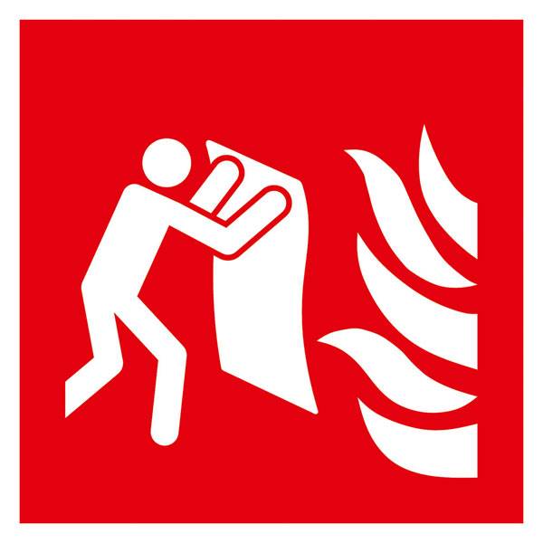 'Oltástakaró szimbólumának használata: Egy személy tüzet oltó takaróval oltja a lángokat, piros háttérrel ábrázolva.'