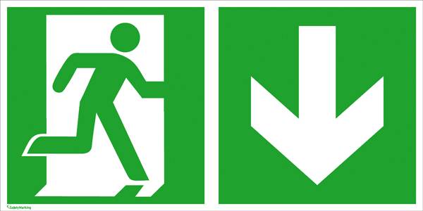 Menekülési útvonal tábla Alumínium Vészkijárat jobbra, irány lefelé SafetyMarking 15.3027 (Sz x Ma) 600 mm x 300 mm ISO 7010 1 db