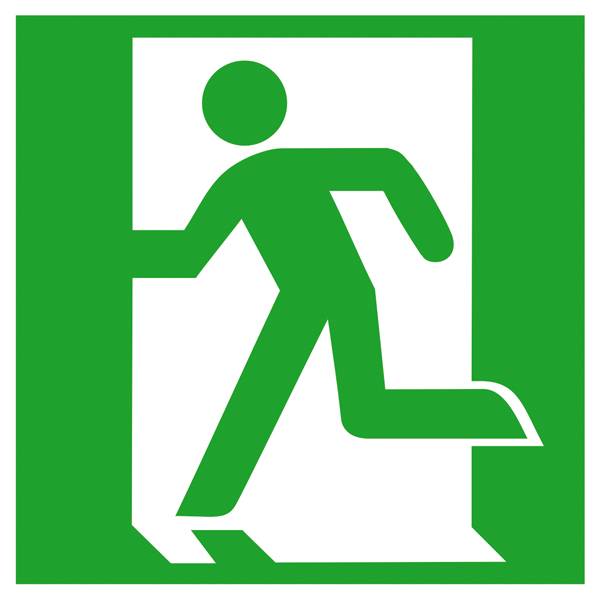 Mentési útirány piktogram: Zöld tábla stilizált, futó alakkal, amely egy ajtón át menekül. A menekülési irány jelzése.