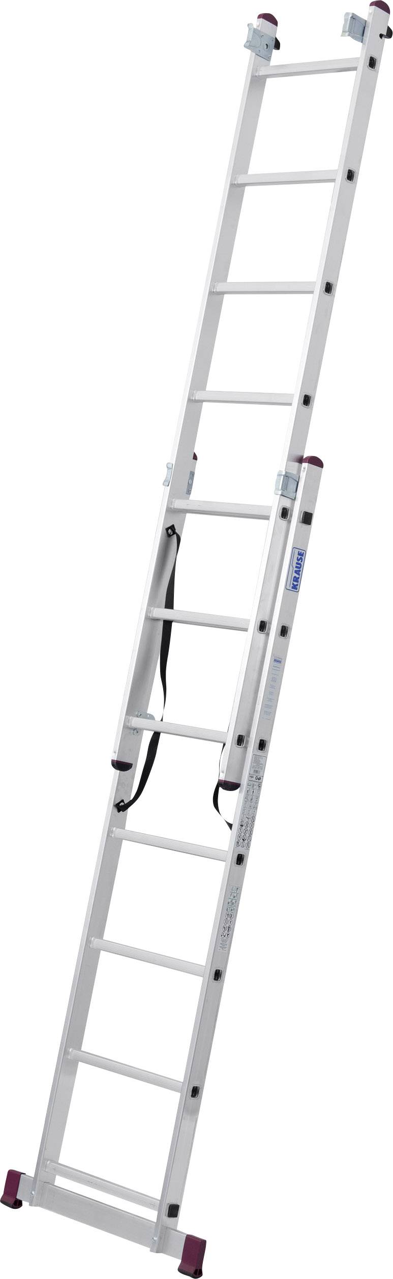 Egy tizenkét fokú, kihúzható alumínium létra, magasban végzendő munkákhoz. A létra végein biztonsági sapkák találhatók.