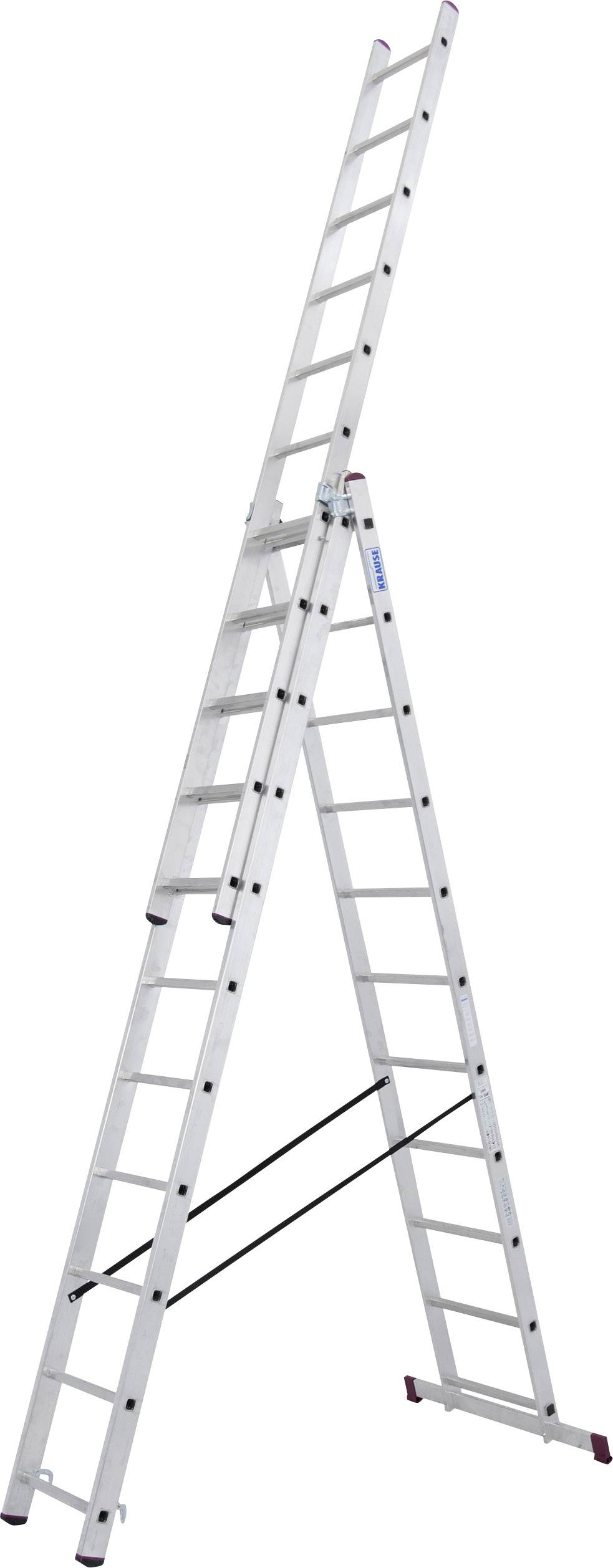 Egy ezüstszínű teleszkópos létra teljesen ki van húzva, és A-alakú szögben áll, kiválóan alkalmas különböző magasságokban történő munkavégzésre.