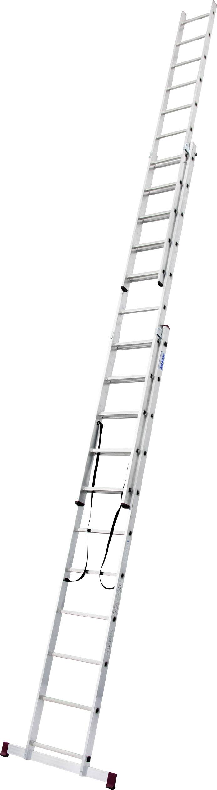 Egy hosszú, ezüstszínű létra több fokkal áll egyenesen, a lábai végén lévő csúszásgátlók pirosak. Úgy tűnik, hogy kinyitható és hordozható.