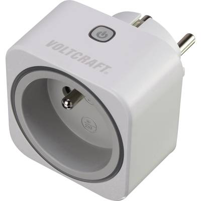Egy négyzet alakú, fehér Voltcraft intelligens dugalj, amelynek tetején be-/kikapcsoló gomb, oldalán pedig csatlakozóaljzatok találhatók.
