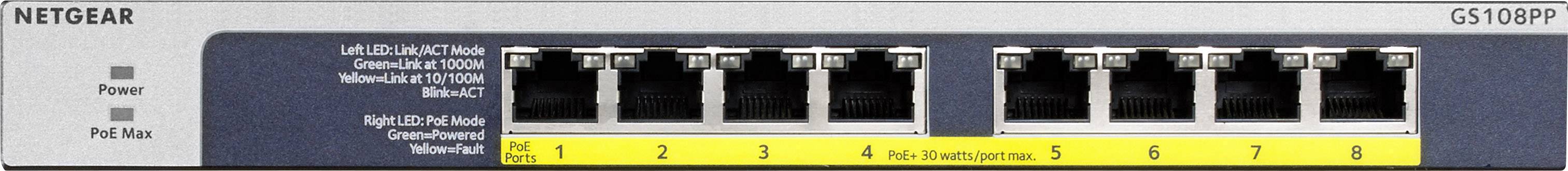 8 portos Ethernet hálózati switch. A portok 1-től 8-ig vannak számozva. Két LED kijelző mutatja a tápellátás és a PoE állapotát.