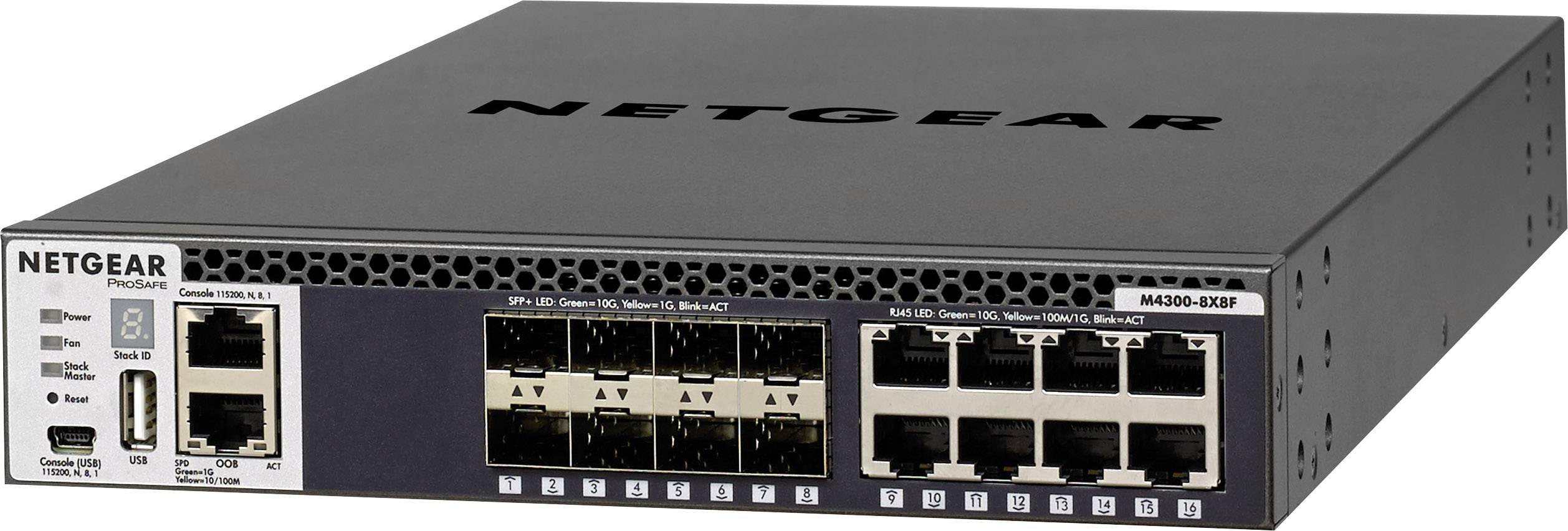 Egy szürke NETGEAR ProSafe M4300 hálózati switch, amelynek előlapján több Ethernet- és SFP+-port található.