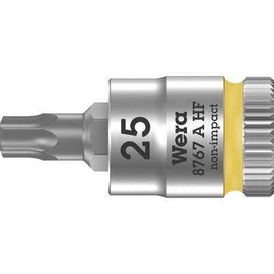 Gravírozott Torx-bit '25 Wera 8767 A HF non-impact' rövid szárral, precíziós csavarozáshoz. Ezüstszínű test sárga gyűrűvel.