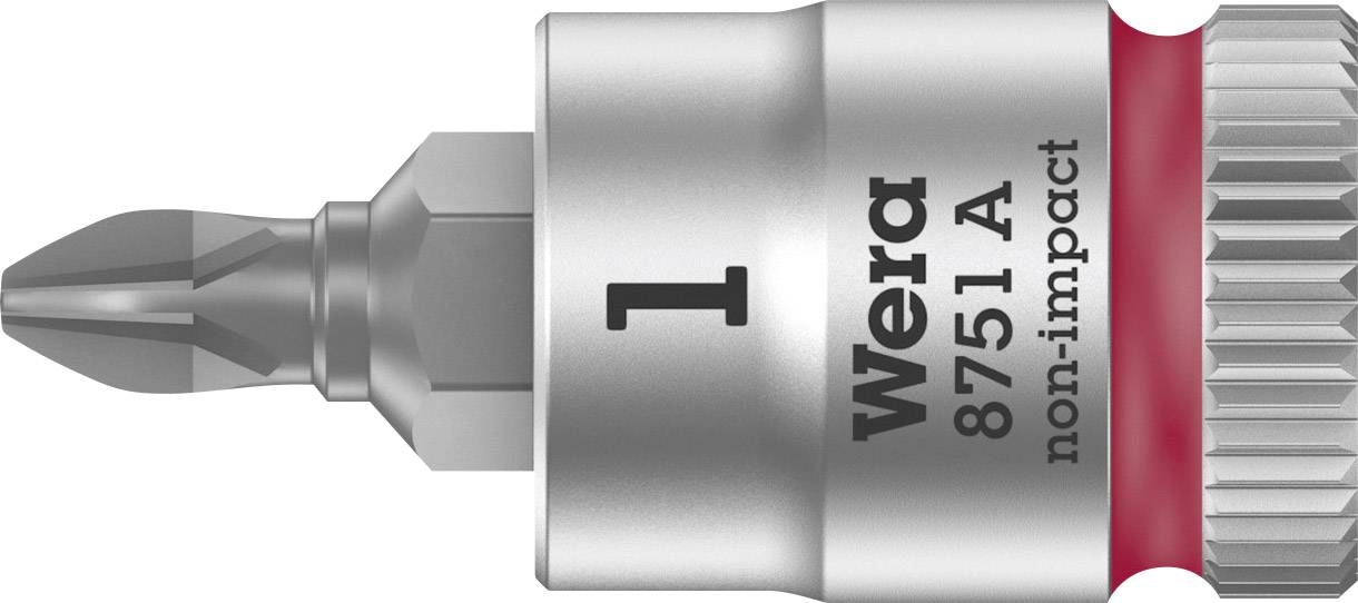 Torx-hegyű csavarozó bit recézett alappal, '1' jelöléssel, 'Wera 8751 A', 'nemütveütő' megjelöléssel.