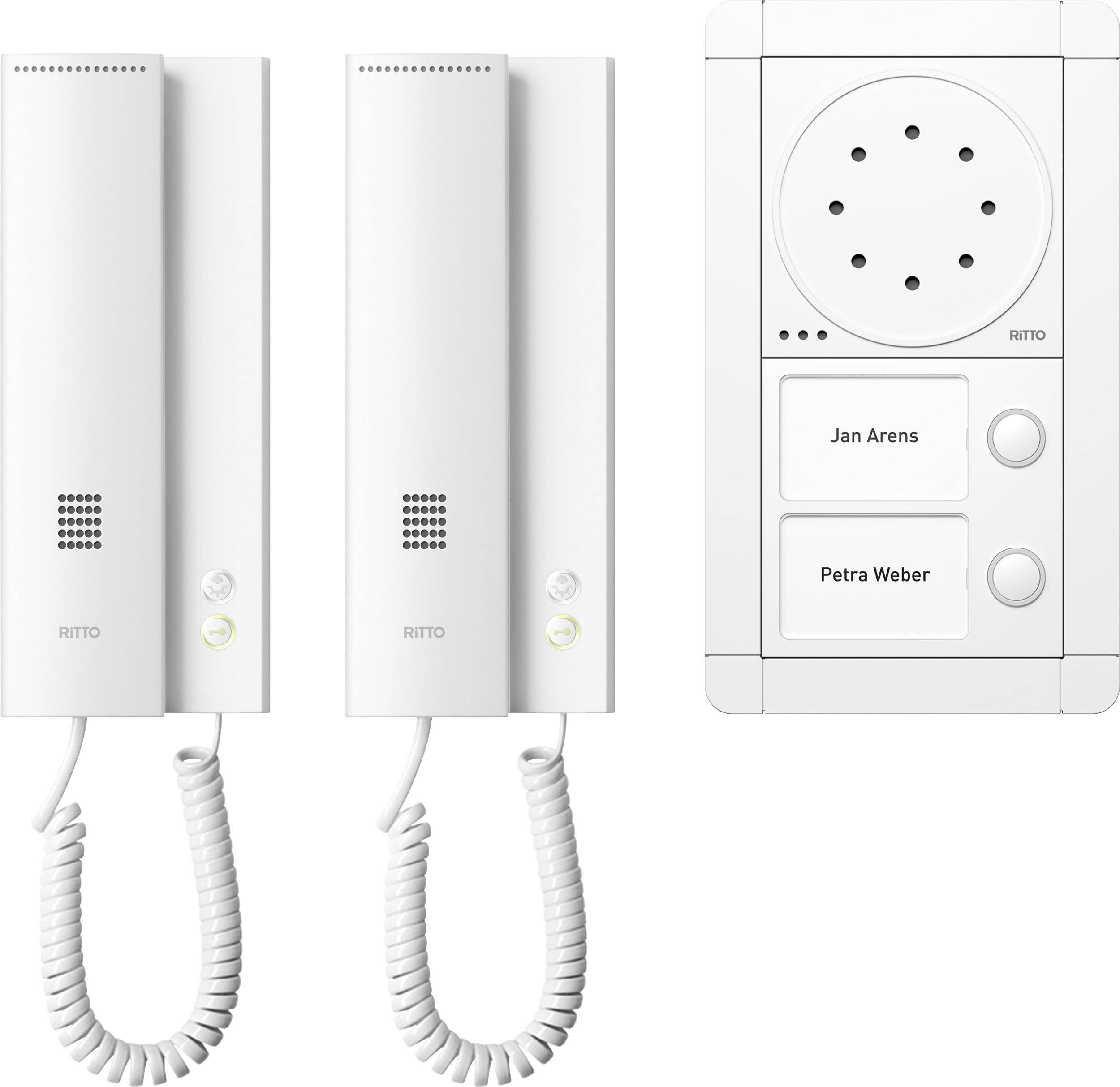 Két kaputelefon és egy csengőrendszer 'Jan Arens' és 'Petra Weber' néven.