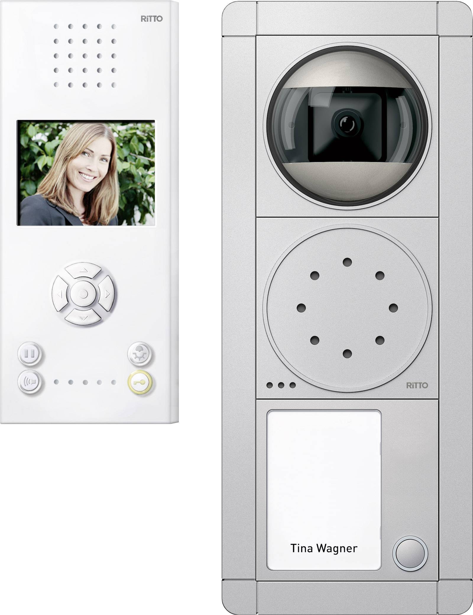 Beltéri egység képernyővel, mosolygó nőt mutat. Kültéri egység kamerával, hangszóróval és 'Tina Wagner' névre szóló névtáblával. Kaputelefon rendszer.