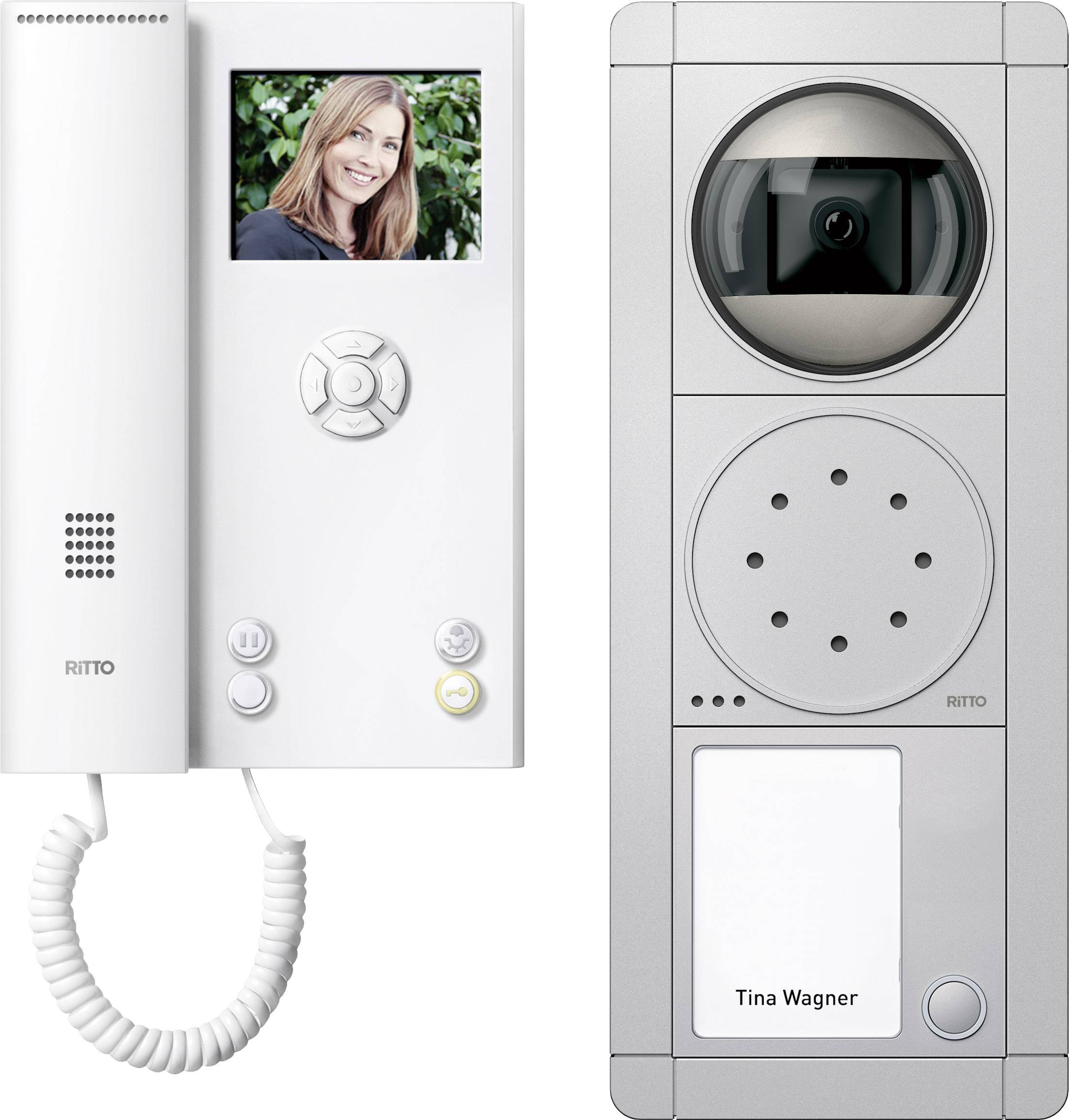 A kép egy videós kaputelefont mutat. Baloldalt a kézibeszélő és a képernyő, jobboldalt a kamera egy 'Tina Wagner' névtáblával.