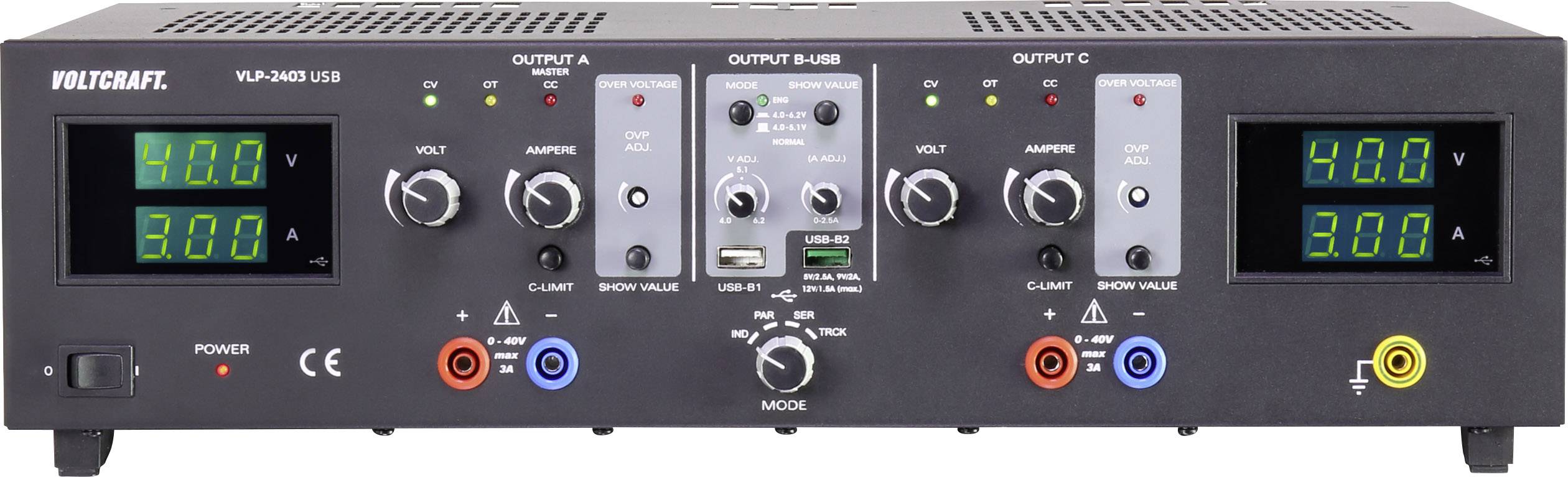 VOLTCRAFT VLP-2403 USB Labortápegység, szabályozható Kalibráció (ISO) 0 - 40 V 0.01 - 3 A 273 W OVP Kimenetek száma 4 x