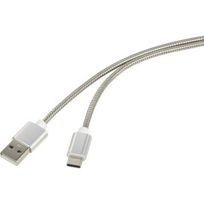 USB 2.0 kábel, 1x USB 2.0 dugó A - 1x USB C dugó, 1 m, ezüst, Renkforce