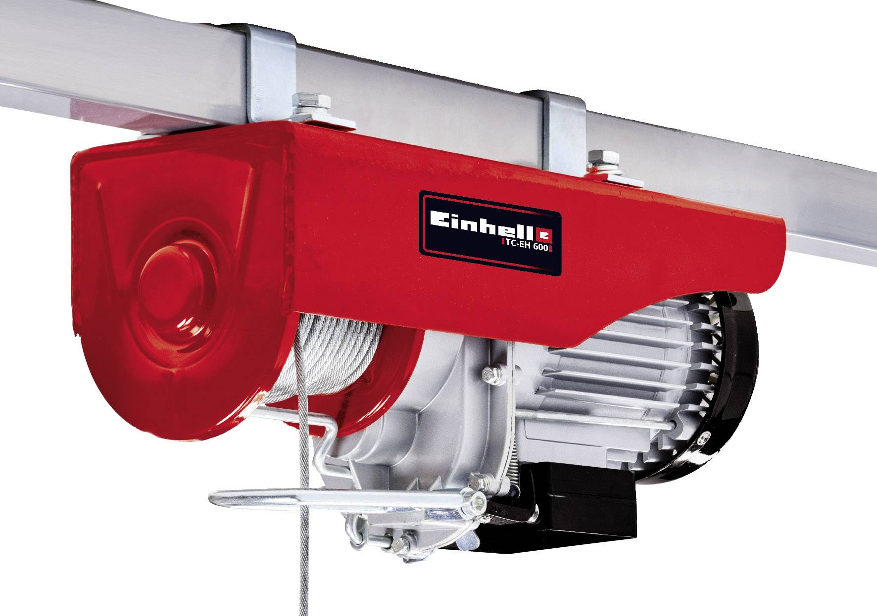Einhell elektromos kötélemelő, TC-EH 600 modell, piros házban, fémtartóra rögzítve. A mechanizmus acélkötelet mutat teheremeléhez.