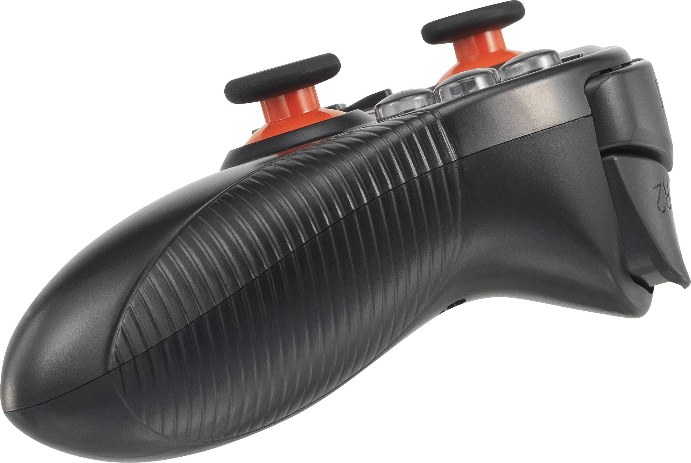 Fekete játékvezérlő narancssárga botkormányokkal és több gombbal, oldalnézetből, átlós szögben ábrázolva.